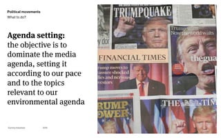 Page
Gummy Industries 62
Agenda setting: 
the objective is to
dominate the media
agenda, setting it
according to our pace
and to the topics
relevant to our
environmental agenda
2019
Political movements
What to do?
 