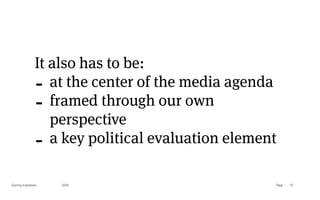 Page
Gummy Industries 72
It also has to be:
- at the center of the media agenda
- framed through our own
perspective
- a key political evaluation element
2019
 