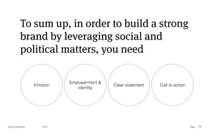 Page
Gummy Industries 89
2019
To sum up, in order to build a strong
brand by leveraging social and
political matters, you need
Emotion
Empowerment &
identity
Clear statement Call to action
 
