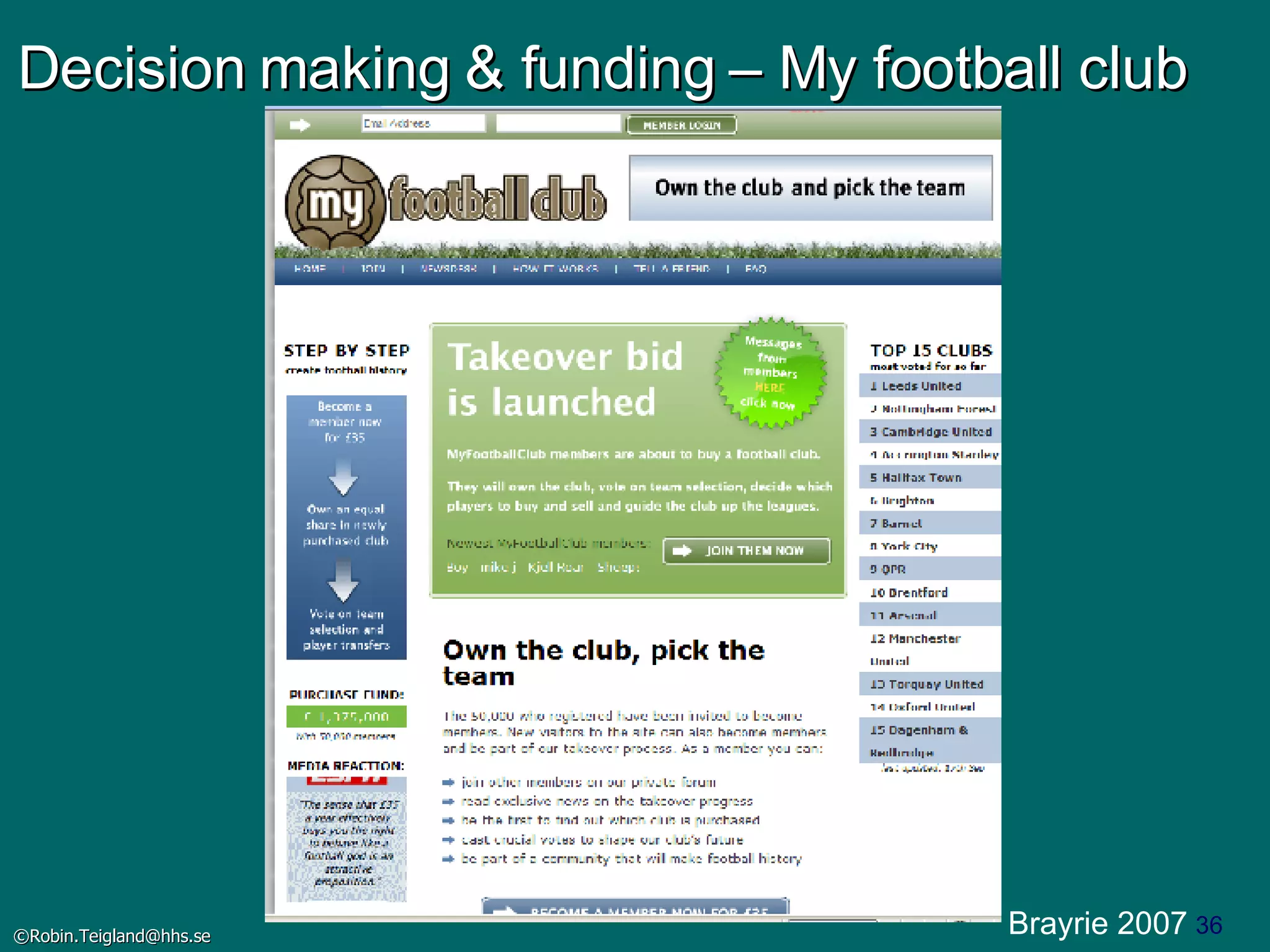 Decision making & funding – My football club Brayrie 2007 