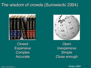 The wisdom of crowds (Surowiecki 2004)  Closed Expensive Complex Accurate Open Inexpensive Simple Close enough Hinton 2007 