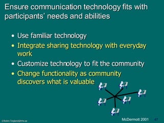 Ensure communication technology fits with participants’ needs and abilities Use familiar technology Integrate sharing technology with everyday work Customize technology to fit the community Change functionality as community discovers what is valuable McDermott 2001 