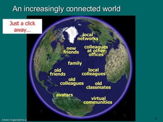 An increasingly connected world new friends family local colleagues old friends old colleagues colleagues at other offices Just a click away… virtual communities  local networks old classmates avatars  