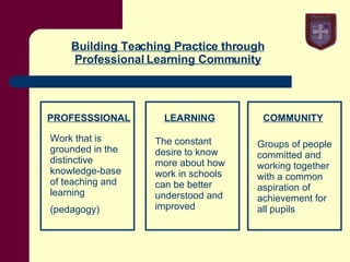 Building Teaching Practice through Professional Learning Community PROFESSSIONAL LEARNING   COMMUNITY Work that is grounded in the distinctive knowledge-base of teaching and learning (pedagogy) The constant desire to know more about how work in schools can be better understood and improved Groups of people committed and working together with a common aspiration of achievement for all pupils 