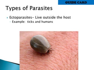  Ectoparasites- Live outside the host
◦ Example: ticks and humans
GUIDE CARD
 