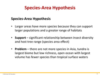 © McGraw-Hill Education 10
Species-Area Hypothesis
Species-Area Hypothesis
• Larger areas have more species because they can support
larger populations and a greater range of habitats
• Support – significant relationship between insect diversity
and host tree range (species area effect)
• Problem – there are not more species in Asia, tundra is
largest biome but low richness, open ocean with largest
volume has fewer species than tropical surface waters
 