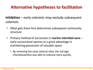 © McGraw-Hill Education 23
Alternative hypotheses to facilitation
Inhibition – early colonists may exclude subsequent
colonists
• What gets there first determines subsequent community
structure
• Primary method of succession in marine intertidal zone –
early successional species at a great advantage in
maintaining possession of valuable space
• By removing the early colonist Ulva, the red alga
Chondracanthus was able to colonize more quickly
 