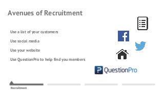 Avenues of Recruitment
Use a list of your customers
Use social media
Use your website
Use QuestionPro to help find you members
 