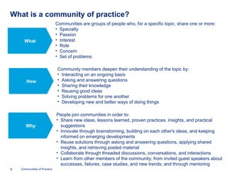 What is a community of practice? <ul><ul><li>Communities are groups of people who, for a specific topic, share one or more...