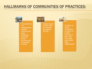 HALLMARKS OF COMMUNITIES OF PRACTICES:



       • “Corporations   • Guilds played
         ” of              similar roles   • “Instead of
         metalworkers      for artisans      being
         ,potters,         throughout        composed
         masons and        Europe            primarily of
         other                               people
         craftsmen                           working on
         had both                            their own,
         social                              they often
         purpose and                         exist within
         a business                          large
         function                            organization”
 
