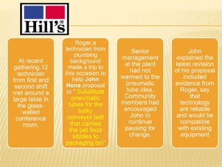 Roger,a
                 technician from        Senior            John
                     plumbing       management       explained the
   At recent        background
                   made a trip to
                                     at the plant   latest revision
gathering.12
                 this occasion to      had not      of his proposal
  technician
                     help John      warmed to the       included
from first and
                  Hone proposal       pneumatic     evidence from
 second shift
                  to “ Substitute     tube idea.      Roger, say
met around a
                    pneumatic        Community             that
large table in
                  tubes for the     members had       technology
  the glass-
                      balky          encouraged       are reliable
    walled
                 conveyor belt          John to      and would be
 conference
                   that carried        continue       compatible
    room.
                  the pet food       pausing for     with existing
                    kibbles to         change.        equipment
                 packaging bin”
 