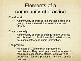Elements of a
     community of practice
The domain
      A community of practice is more than a club or a
      group. It has a shared domain of interest and
      identity.

The community
      A community of practice engage in joint activities
      and discussions. Participants build relationships,
      help one another and share information.

The practice
      Members of a community of practice are
      practitioners. They develop a shared repertoire of
      resources: experiences, stories, tools, ways of
      addressing recurring problems—in short a shared
      practice
 