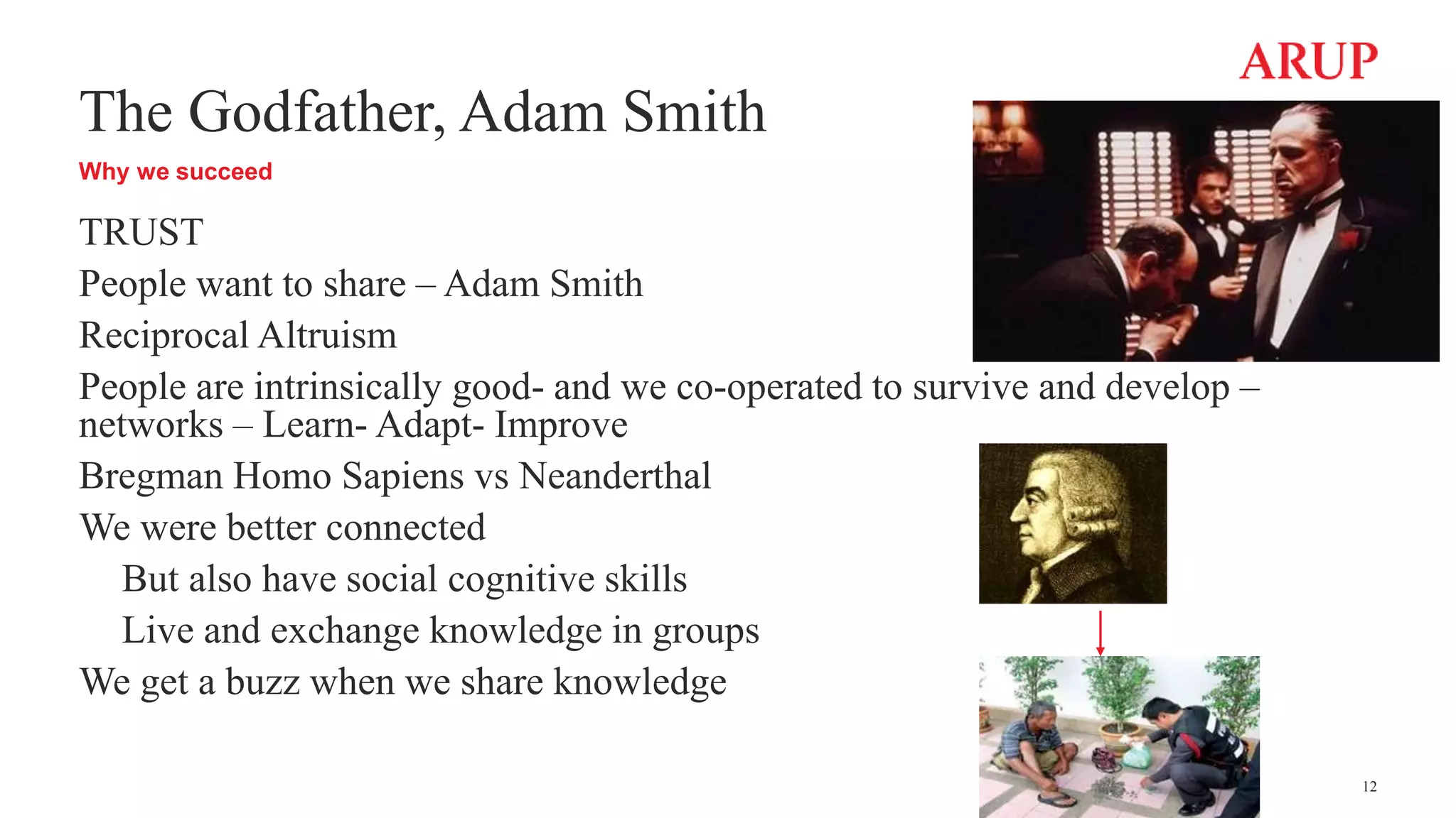 The Godfather, Adam Smith
Why we succeed
TRUST
People want to share – Adam Smith
Reciprocal Altruism
People are intrinsically good- and we co-operated to survive and develop –
networks – Learn- Adapt- Improve
Bregman Homo Sapiens vs Neanderthal
We were better connected
But also have social cognitive skills
Live and exchange knowledge in groups
We get a buzz when we share knowledge
12
 