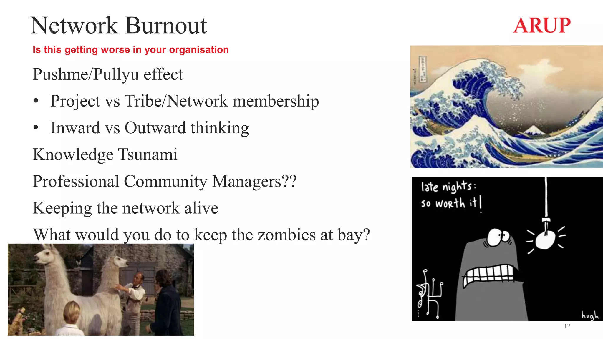 Network Burnout
Is this getting worse in your organisation
Pushme/Pullyu effect
• Project vs Tribe/Network membership
• Inward vs Outward thinking
Knowledge Tsunami
Professional Community Managers??
Keeping the network alive
What would you do to keep the zombies at bay?
17
 