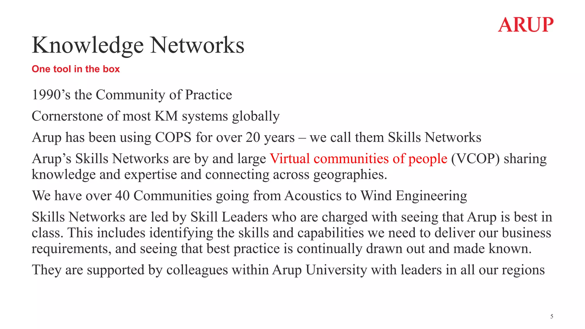 Knowledge Networks
One tool in the box
1990’s the Community of Practice
Cornerstone of most KM systems globally
Arup has been using COPS for over 20 years – we call them Skills Networks
Arup’s Skills Networks are by and large Virtual communities of people (VCOP) sharing
knowledge and expertise and connecting across geographies.
We have over 40 Communities going from Acoustics to Wind Engineering
Skills Networks are led by Skill Leaders who are charged with seeing that Arup is best in
class. This includes identifying the skills and capabilities we need to deliver our business
requirements, and seeing that best practice is continually drawn out and made known.
They are supported by colleagues within Arup University with leaders in all our regions
5
 