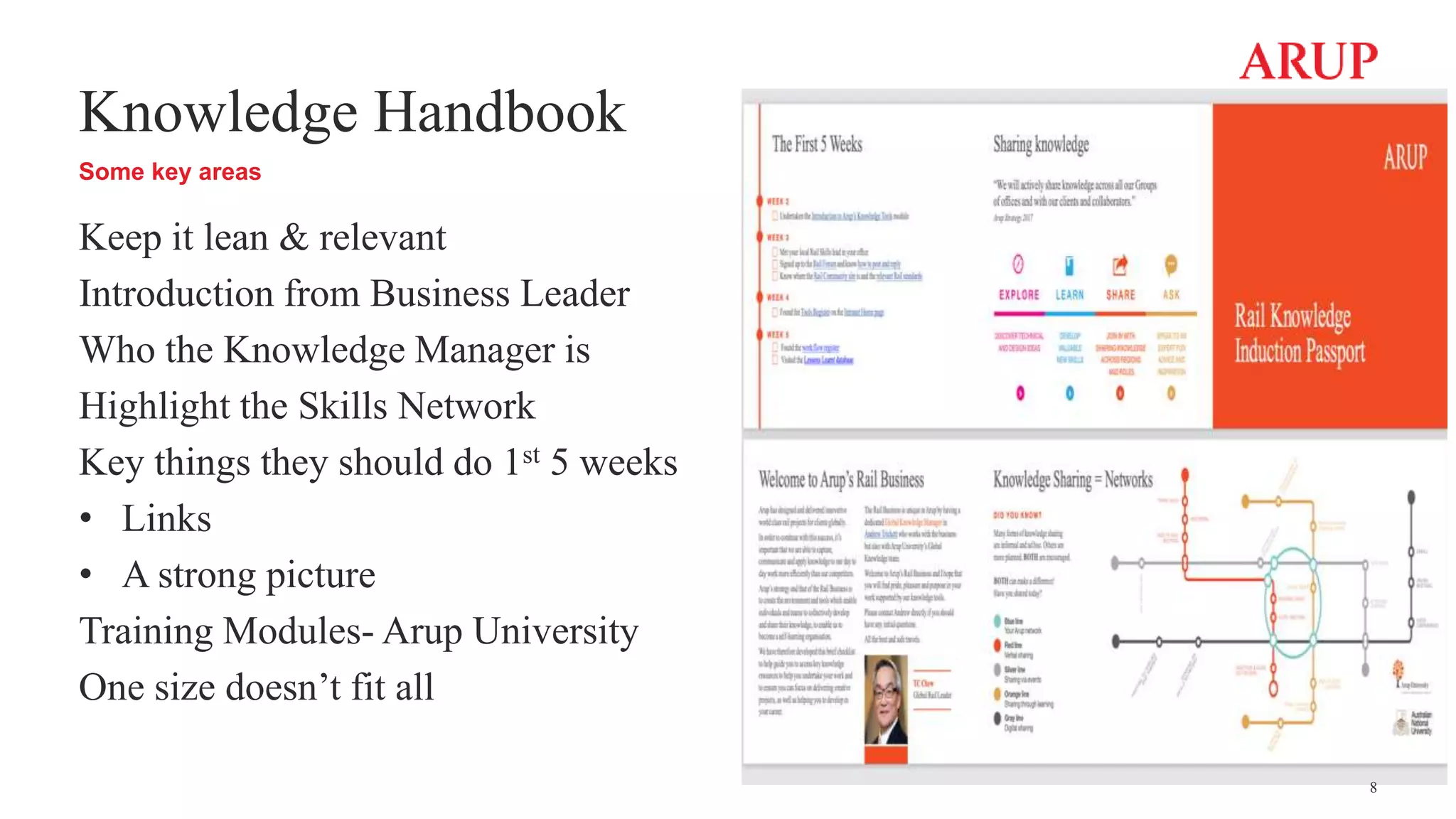 Knowledge Handbook
Some key areas
Keep it lean & relevant
Introduction from Business Leader
Who the Knowledge Manager is
Highlight the Skills Network
Key things they should do 1st 5 weeks
• Links
• A strong picture
Training Modules- Arup University
One size doesn’t fit all
8
 