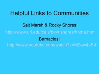 Helpful Links to Communities Salt Marsh & Rocky Shores: http://www.uri.edu/cels/bio/rishores/home.htm Barnacles!  http://www.youtube.com/watch?v=M2ow4sB-RQs&feature=related   