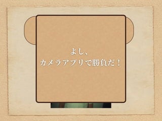 ただ、女の子が使いたい！と思うような
 かわいいカメラアプリがないなー。



    よし、
カメラアプリで勝負だ！
 