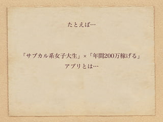 たとえば…




「サブカル系女子大生」 「年間200万稼げる」
        アプリとは…
 
