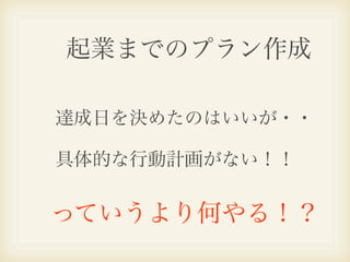 起業までのプラン作成

達成日を決めたのはいいが・・

具体的な行動計画がない！！


っていうより何やる！？
 