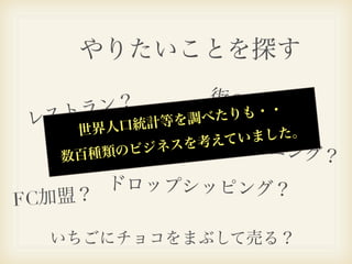 やりたいことを探す
             街の惣
   トラ ン？           菜
                  ・・屋？
レス           べたりも
          計等を調
   世 界人口統
                  ました。
          介？ を考えていーニ
  数不動
   百   産仲ジネス クリ
     種類のビ            ング？
        ドロップシッピング？
FC加盟？

  いちごにチョコをまぶして売る？
 