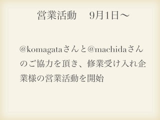 営業活動  9月1日∼


@komagataさんと@machidaさん
のご協力を頂き、修業受け入れ企
業様の営業活動を開始
 
