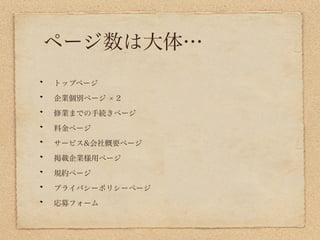 ページ数は大体…
トップページ

企業個別ページ   2

修業までの手続きページ

料金ページ

サービス&会社概要ページ

掲載企業様用ページ

規約ページ

プライバシーポリシーページ

応募フォーム
 