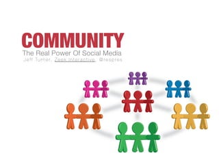 COMMUNITY
The Real Power Of Social Media
J e f f Tu r n e r, Z e e k I n t e r a c t i v e , @ r e s p r e s
 