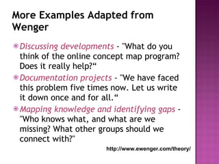 More Examples Adapted from Wenger Discussing developments  -  "What do you think of the online concept map program? Does it really help?“ Documentation projects  -  "We have faced this problem five times now. Let us write it down once and for all.“ Mapping knowledge and identifying gaps  -  "Who knows what, and what are we missing? What other groups should we connect with?" http://www.ewenger.com/theory/   