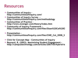 Resources Communities of Inquiry -  http://communitiesofinquiry.com/ Communities of Inquiry Survey  -  http://communitiesofinquiry.com/methodology Communities of Practice -  http://www.ewenger.com/theory/index.htm Community of Inquiry Framework -  http://communitiesofinquiry.com/files/Sloan%20CoI%20Orlando%2007.pdf   Presentation -  http://communitiesofinquiry.com/files/CNIE_CoI_2008_Survey.pdf   Click for Concept Map  – Communities of Inquiry Reynard, R. (2003). Maximizing Student Engagement -  http://campustechnology.com/articles/2007/05/hybrid-learning-maximizing-student-engagement.aspx   