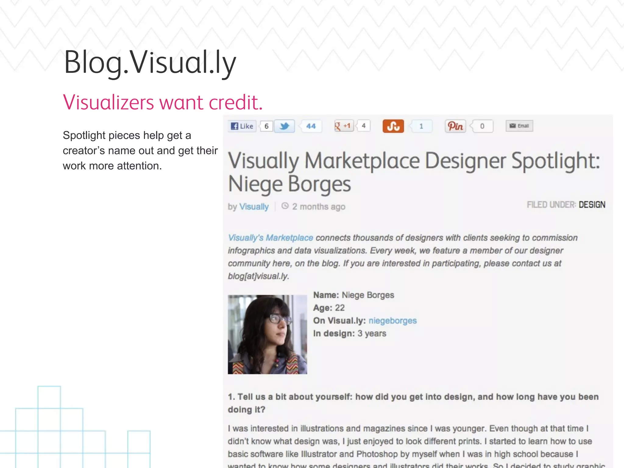 Blog.Visual.ly
Visualizers want credit.
Spotlight pieces help get a
creator’s name out and get their
work more attention.
 