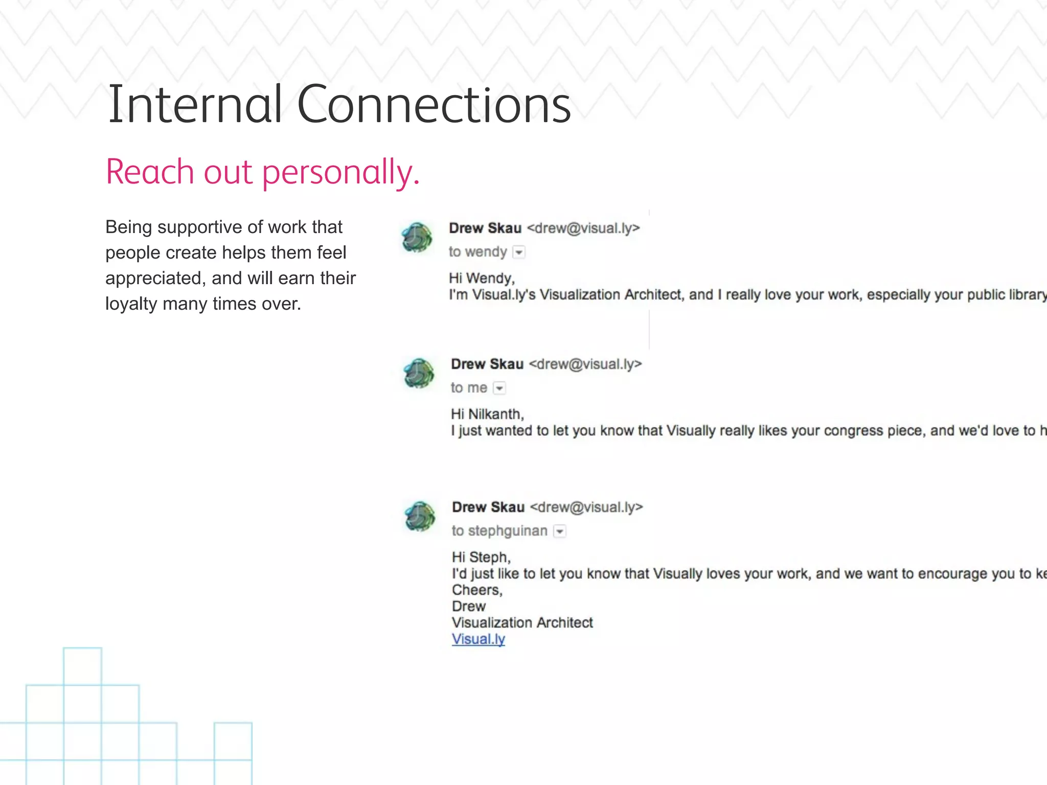 Internal Connections
Reach out personally.
Being supportive of work that
people create helps them feel
appreciated, and will earn their
loyalty many times over.
 