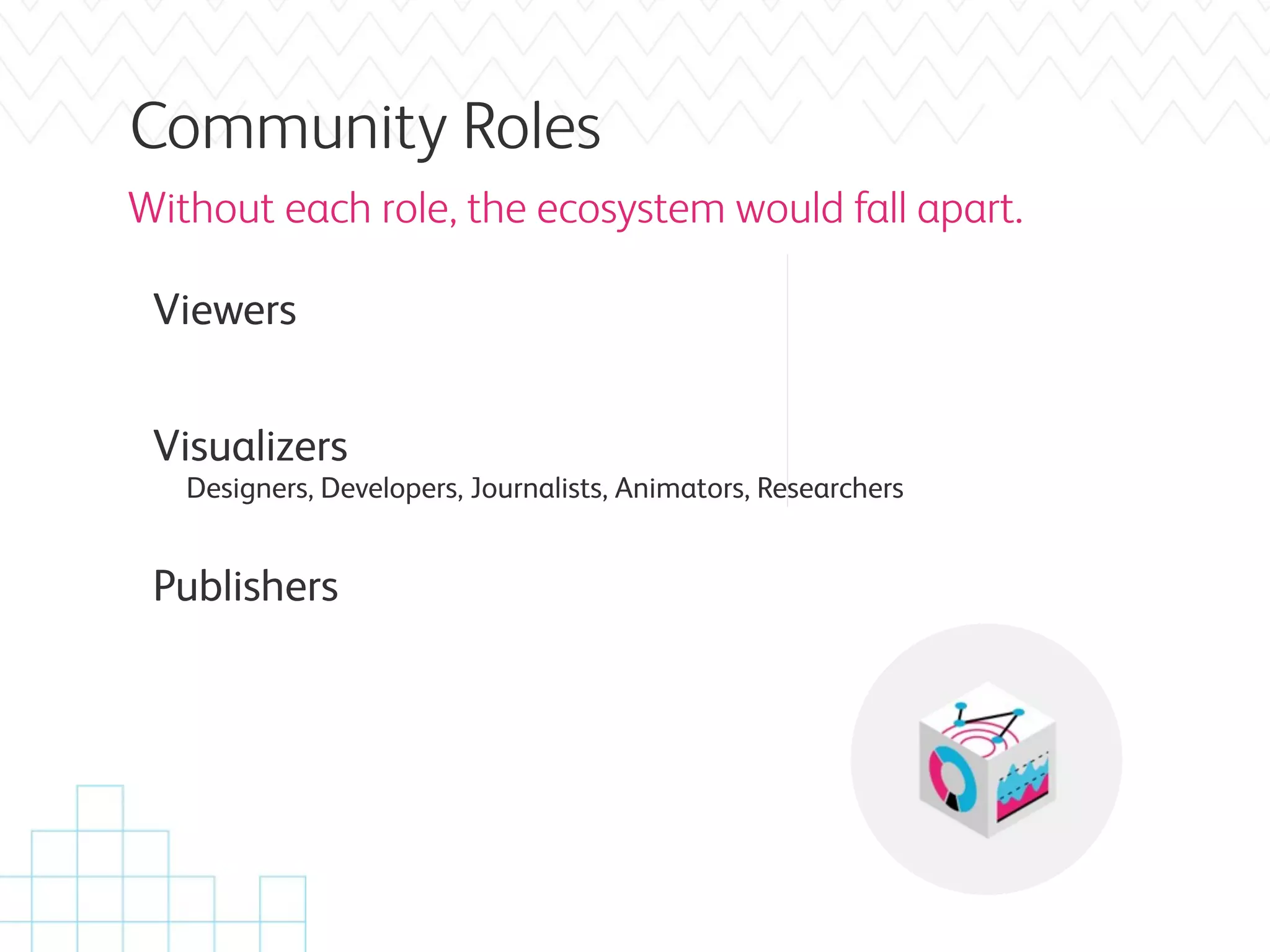 Community Roles
Without each role, the ecosystem would fall apart.

 Viewers


 Visualizers
   Designers, Developers, Journalists, Animators, Researchers


 Publishers
 