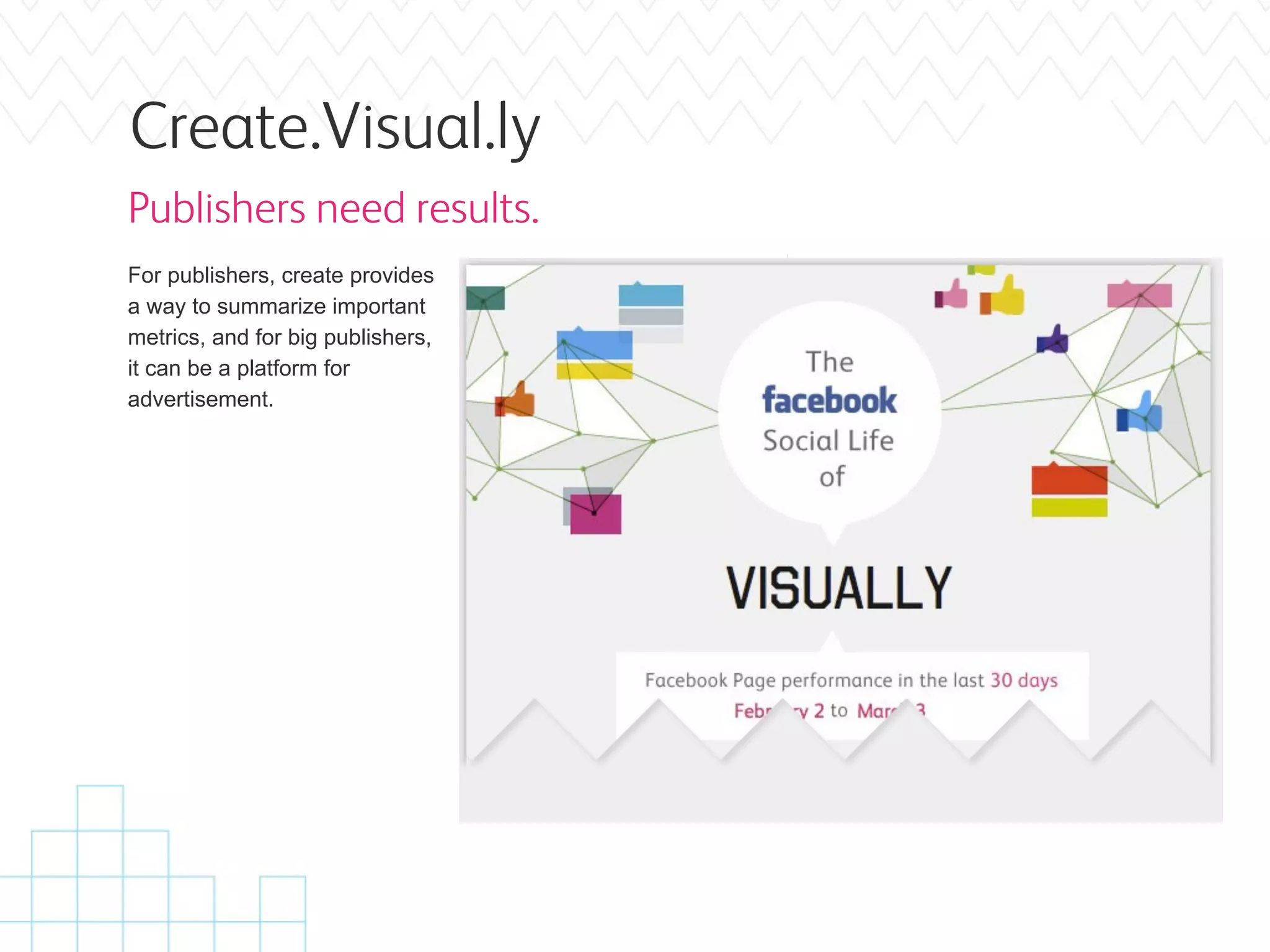 Create.Visual.ly
Publishers need results.
For publishers, create provides
a way to summarize important
metrics, and for big publishers,
it can be a platform for
advertisement.
 