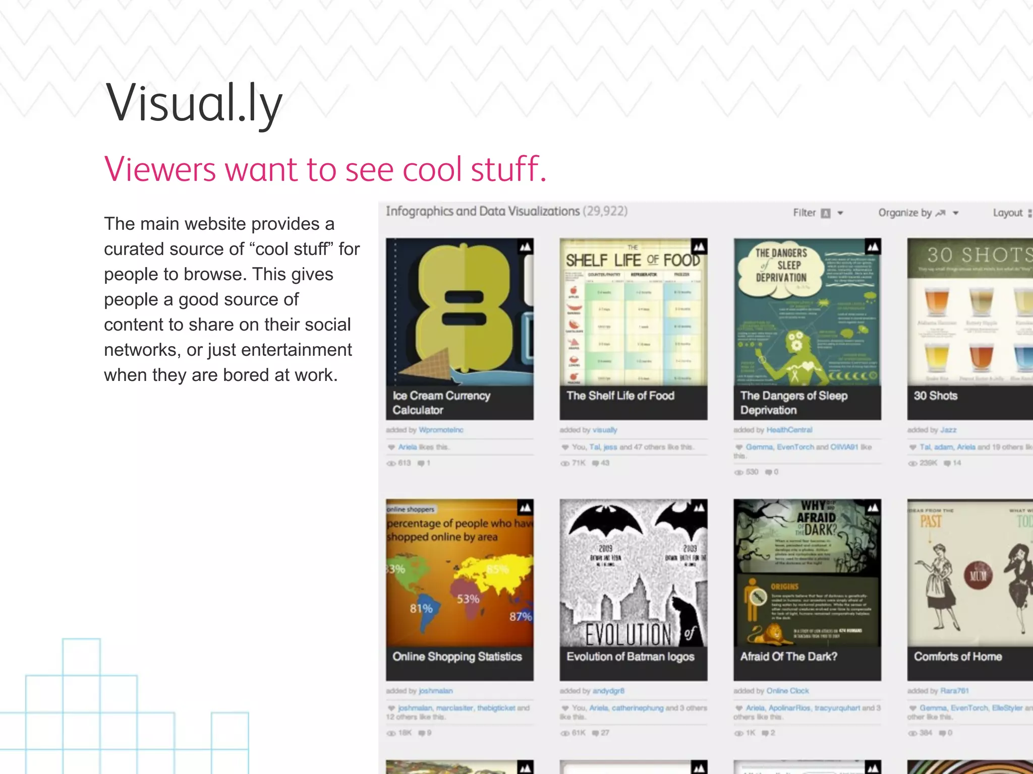 Visual.ly
Viewers want to see cool stuff.
The main website provides a
curated source of “cool stuff” for
people to browse. This gives
people a good source of
content to share on their social
networks, or just entertainment
when they are bored at work.
 