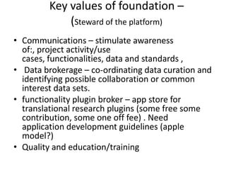 Key values of foundation –
(Steward of the platform)
• Communications – stimulate awareness
of:, project activity/use
cases, functionalities, data and standards ,
• Data brokerage – co-ordinating data curation and
identifying possible collaboration or common
interest data sets.
• functionality plugin broker – app store for
translational research plugins (some free some
contribution, some one off fee) . Need
application development guidelines (apple
model?)
• Quality and education/training

 