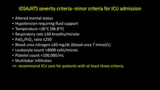 IDSA/ATS severity criteria- minor criteria for ICU admission
• Altered mental status
• Hypotension requiring fluid support
• Temperature <36°C (96.8°F)
• Respiratory rate ≥30 breaths/minute
• PaO2/FiO2 ratio ≤250
• Blood urea nitrogen ≥20 mg/dL (blood urea 7 mmol/L)
• Leukocyte count <4000 cells/microL
• Platelet count <100,000/mL
• Multilobar infiltrates
=> recommend ICU care for patients with at least three criteria.
 