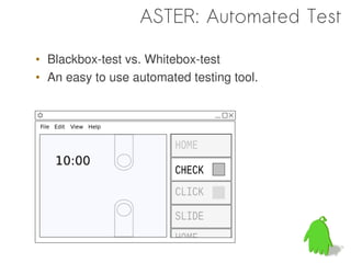 ASTER: Automated Test

• Blackbox-test vs. Whitebox-test
• An easy to use automated testing tool.
 
