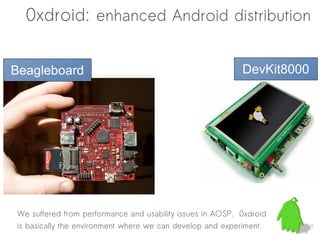 0xdroid: enhanced Android distribution


Beagleboard                                                DevKit8000




We suffered from performance and usability issues in AOSP. 0xdroid
is basically the environment where we can develop and experiment.
 