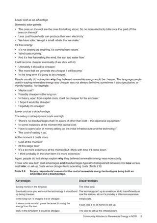 Community Attitudes to Renewable Energy in NSW 15
Lower cost as an advantage
Domestic solar panels:
•	 ‘The ones on the roof are the ones I’m talking about. So no more electricity bills once I’ve paid off the
ones on the roof’
•	 ‘Less cost/households can produce their own electricity.’
•	 ‘We have solar. We get a small rebate that we make.’
It’s free energy:
•	 ‘It’s not costing us anything, it’s coming from nature.’
•	 ‘Wind costs nothing.’
•	 ‘And it’s free harvesting the wind, the sun and water flow.’
It will become cheaper eventually (if we stick with it):
•	 ‘Ultimately it should be cheaper.’
•	 ‘The more that we generate the cheaper it will become.’
•	 ‘In the long term it’s going to be cheaper.’
People usually did not explain why they believed renewable energy would be cheaper. The language people
used in saying renewable energy was cheaper was not always definitive; sometimes it was speculative, or
merely hopeful. For example:
•	 ‘Maybe cost?’
•	 ‘Possibly cheaper in the long run.’
•	 ‘In theory, apart from capital costs, it will be cheaper for the end user.’
•	 ‘I hope it would be cheaper.’
•	 ‘Hopefully it’s cheaper.’
Lower cost as a disadvantage
The set-up cost/equipment costs are high:
•	 ‘There’s no disadvantages that I’m aware of other than cost – the expensive equipment.’
•	 ‘In some instances at the moment the capital cost.’
•	 ‘Have to spend a lot of money setting up the initial infrastructure and the technology.’
•	 ‘The cost of setting it up.’
At the moment it costs more:
•	 ‘Cost at the moment.’
•	 ‘At this stage cost.’
•	 ‘It’s a bit more expensive at the moment but I think with time it’ll come down.’
•	 ‘I think probably in the short term it’s more expensive.’
Again, people did not always explain why they believed renewable energy was more costly.
Those who saw both cost advantages and disadvantages typically distinguished between cost now versus
cost later, or set-up costs versus (longer-term) operating costs (Table 2.8).
Table 2.8:	 Survey respondents’ reasons for the cost of renewable energy technologies being both an
advantage and a disadvantage.
Advantages Disadvantages
Saving money in the long run. The initial cost.
Eventually once you work out the technology it should end
up being cheaper.
The technology isn’t up to scratch yet to do it as efficiently as
coal fire stations, etc so it’s probably a little more expensive.
In the long run I’d imagine it’d be cheaper. Initial costs.
It saves more money I guess because it’s using the
energy from the sun.
It can cost a bit of money to set up.
Well, in the long term it would be cheaper. The cost to set up the infrastructure
 