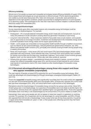 16
Efficiency/reliability
Almost one in five people surveyed said renewable technologies lacked efficiency/reliability of supply (18%).
Some viewed these technologies as not yet advanced or efficient enough (7%) for electricity generation
and unable to provide base-load power (3%). Solar and wind power, in particular, were perceived as
dependent on the right weather conditions: people assumed that no daylight/sunshine or no wind equated
to no electricity supply. This contributed to the view that it was hard to achieve reliable or sufficient levels of
electricity supply from renewables (9%).
Other advantages/disadvantages
Survey respondents gave other unprompted reasons why renewable energy technologies could be
advantageous or disadvantageous. For example:
•	 Employment – 6% of people believed renewable energy would create jobs and employment, but just as
many (5%) believed it would cost jobs in existing electricity generation industries or coal mining.
•	 Long-term national benefits – these responses related to favourable views on job creation, some people
saw an opportunity to encourage innovation, investment and development in the renewable energy sector
to benefit Australia’s future energy needs and for export opportunities (5%).
•	 Health – some people saw renewables as having positive health benefits through a healthier environment,
such as cleaner air and oceans/waterways, reduced greenhouse gases/carbon emissions, etc. (4%).
Others had potential health concerns (2%), principally wind turbines causing ill health among people living
in nearby communities.
•	 Noise and visual impact – noise issues (4%) and visual impact (3%) were disadvantages people mainly
associated with wind turbines. Some believed that noise (‘humming’) from wind turbines was a problem
for nearby communities and the large size, overall look (‘ugliness’), and number of wind turbines grouped
together could ‘ruin the natural skyline’. Others also saw solar panels as ‘eyesores’.
•	 Infrastructure and space needed – new/additional infrastructure needed to capture, convert and store
energy from different renewable energy types (2%), and the amount of land required for wind turbines,
solar panels or hydroelectric dams (3%), were viewed as other disadvantages of renewable energy
technologies.
2.2.3 Perceived advantages/disadvantages among those who support and those
who oppose renewables (unprompted)
The vast majority of people surveyed (91%) supported the use of renewable energy technologies. Most
could see advantages and disadvantages but thought advantages outweighed disadvantages (Tables 2.9
and 2.10).
Those who supported renewable energy were significantly more likely than the small number who opposed
it to see both environmental benefits (84%) and cost benefits (38%). Of those who opposed (4%) some could
also see these advantages (33%, 20%), and about half of them could not think of any advantages.
Perceptions about the disadvantages of renewable energy among the two groups were similar. About 40%
of each group saw a cost disadvantage, but supporters of renewables were more likely to identify higher set-
up cost (17%), whereas those who opposed them identified higher cost generally (40%). Those who opposed
renewables were more likely to see disadvantages for the environment (17%) and in relation to health (14%).
Interestingly, there were some people who did not appear to base their support or opposition on anything
concrete. For example, 8% of supporters did not cite advantages for using renewables, and 29% of those
who opposed them did not cite a disadvantage. It was unclear what was driving these opinions. It could be
a vague sense that renewables are ‘good’ or ‘bad’, or that people were reflecting opinions they had heard
without knowing why.
 