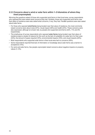 34
2.3.3 Concerns about a wind or solar farm within 1–2 kilometres of where they
lived (unprompted)
Mirroring the questions asked of those who supported wind farms in their local area, survey respondents
who opposed this were asked what concerns they had. Similarly, those who supported wind farms near
their place of residence were also asked what concerns, if any, they had. Parallel questions were also asked
about solar farms.
•	 For those who opposed wind farms being located near their place of residence, the most commonly
raised concerns were about noise (61%), visual impact (38%) and health (23%). These concerns were
also expressed, although at a lower rate, by people who supported wind farms (32%, 11% and 8%
respectively).
•	 The small group of survey respondents who opposed solar farms being located near their place of
residence gave a cluster of reasons for this such as the lack of suitability of a solar farm for their area
(33%), the amount of space required (16%), environmental impacts (16%), and visual impacts (20%).
•	 Most respondents who supported solar farms in their local area had no concerns (59%).
•	 Some respondents reported that lack of information or knowledge about solar farms was a barrier to
acceptance (13%).
•	 For wind and solar farms, few people unprompted raised concerns about negative impacts on property
values (1–3%).
 