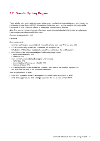 Community Attitudes to Renewable Energy in NSW 77
3.7 	Greater Sydney Region
This is a bullet point and graphic summary of key survey results about renewable energy technologies for
the Greater Sydney Region of NSW. It is not intended to be a report on how people in this region differ
from people in other regions in relation to awareness, knowledge and attitudes.
Note: This summary does not contain information about attitudes to local wind and solar farms because
these issues were not explored in this region.
(Number of respondents = 500)
Key facts
Renewable energy
•	 dominant technologies associated with renewable energy were solar 71% and wind 60%
•	 91% supported using renewables to generate electricity in NSW
•	 83% believed NSW should increase the use of renewables over the next five years
•	 most common perceived advantages of renewables (unprompted):
-	 environmental benefits 80%
-	 lower cost 35%
•	 most common perceived disadvantages (unprompted):
-	 higher cost 43%
-	 concerns about efficiency and reliability 19%
-	 no disadvantages 35%
•	 61% were prepared to use renewables ‘provided I don’t have to pay more for my electricity’
and 34% were prepared to pay more to support them.
Solar and wind farms in NSW
•	 solar: 87% supported and 43% strongly supported the use of solar farms in NSW
•	 wind: 81% supported and 36% strongly supported the use of wind farms in NSW.
 