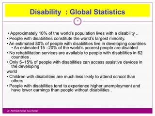 Disability : Global Statistics
                                      7


 • Approximately 10% of the world‟s population lives with a disability ..
• People with disabilities constitute the world‟s largest minority.
• An estimated 80% of people with disabilities live in developing countries
   • An estimated 15 –20% of the world‟s poorest people are disabled
• No rehabilitation services are available to people with disabilities in 62
   countries .
• Only 5–15% of people with disabilities can access assistive devices in
   the developing
world
• Children with disabilities are much less likely to attend school than
   others
• People with disabilities tend to experience higher unemployment and
   have lower earnings than people without disabilities .



Dr. Ahmed Refat AG Refat
 