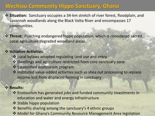 Wechiau Community Hippo Sanctuary, Ghana
 Situation: Sanctuary occupies a 34-km stretch of river forest, floodplain, and
savannah woodlands along the Black Volta River and encompasses 17
communities.
 Threat: Poaching endangered hippo population, which is considered sacred.
Local agriculture degraded woodland areas.
 Initiative Activities:
 Local bylaws adopted regulating land use and entry
 Dwellings and agriculture restricted from core sanctuary zone
 Established ecotourism program
 Instituted value-added activities such as shea nut processing to replace
income lost from displaced farming in sanctuary
 Results:
 Ecotourism has generated jobs and funded community investments in
education and water and energy infrastructure
 Stable hippo population
 Benefits sharing among the sanctuary’s 4 ethnic groups
 Model for Ghana’s Community Resource Management Area legislation
 