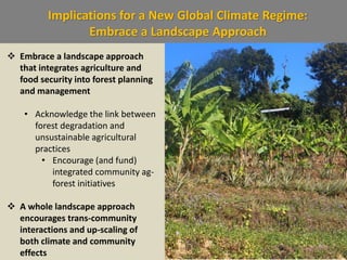 Implications for a New Global Climate Regime:
Embrace a Landscape Approach
 Embrace a landscape approach
that integrates agriculture and
food security into forest planning
and management
• Acknowledge the link between
forest degradation and
unsustainable agricultural
practices
• Encourage (and fund)
integrated community ag-
forest initiatives
 A whole landscape approach
encourages trans-community
interactions and up-scaling of
both climate and community
effects
 