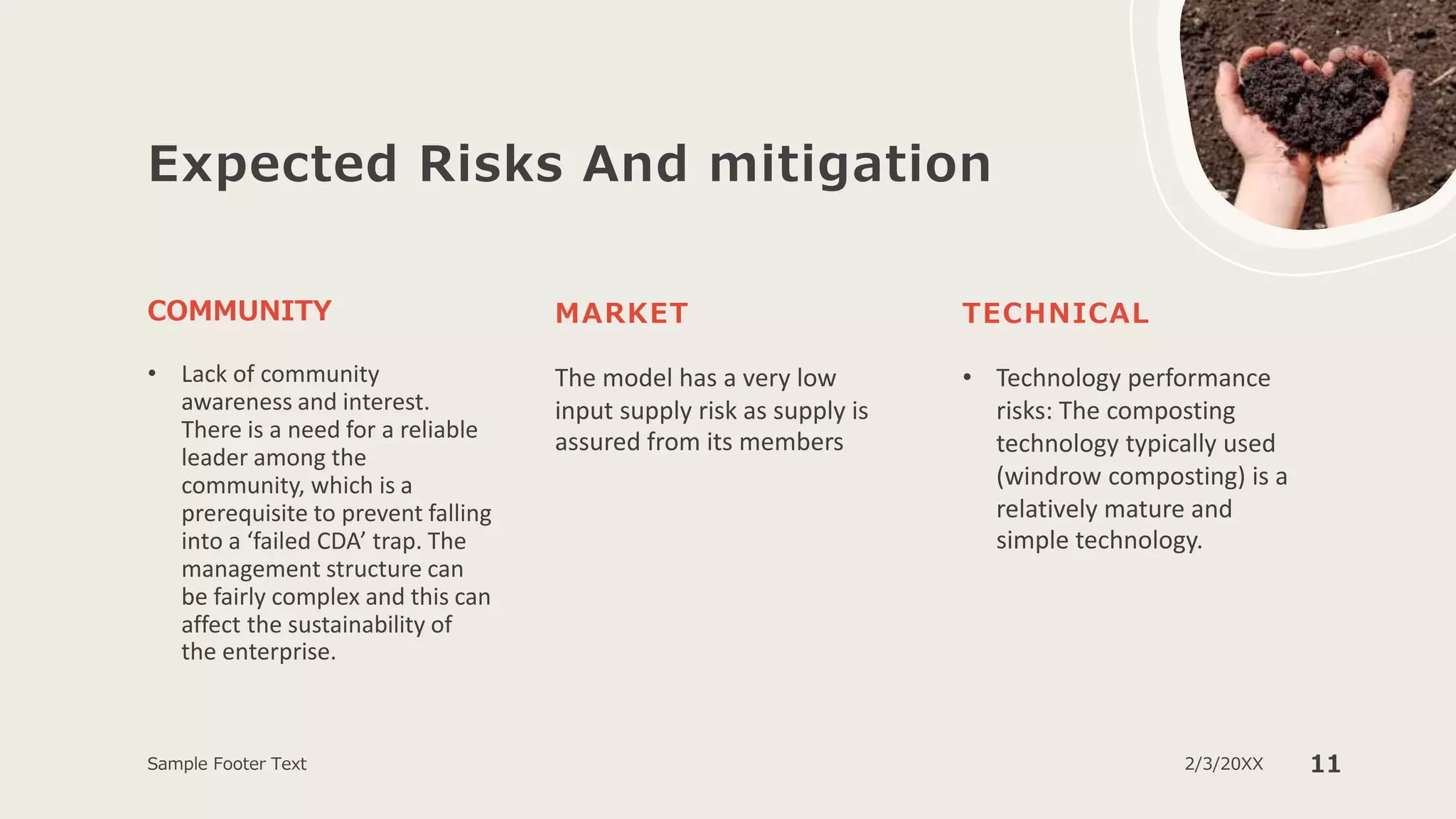 Expected Risks And mitigation
COMMUNITY MARKET
The model has a very low
input supply risk as supply is
assured from its members
TECHNICAL
• Technology performance
risks: The composting
technology typically used
(windrow composting) is a
relatively mature and
simple technology.
Sample Footer Text 2/3/20XX 11
• Lack of community
awareness and interest.
There is a need for a reliable
leader among the
community, which is a
prerequisite to prevent falling
into a ‘failed CDA’ trap. The
management structure can
be fairly complex and this can
affect the sustainability of
the enterprise.
 
