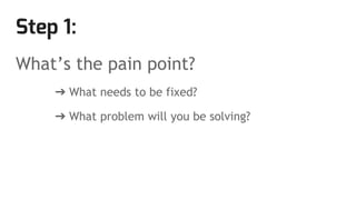 Step 1:
What’s the pain point?
➔ What needs to be fixed?
➔ What problem will you be solving?
 