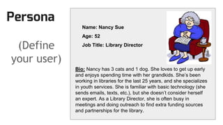Persona
(Define
your user)
Name: Nancy Sue
Age: 52
Job Title: Library Director
Bio: Nancy has 3 cats and 1 dog. She loves to get up early
and enjoys spending time with her grandkids. She’s been
working in libraries for the last 25 years, and she specializes
in youth services. She is familiar with basic technology (she
sends emails, texts, etc.), but she doesn’t consider herself
an expert. As a Library Director, she is often busy in
meetings and doing outreach to find extra funding sources
and partnerships for the library.
 