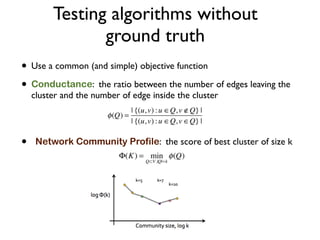 Testing algorithms without
ground truth
• Use a common (and simple) objective function
• Conductance: the ratio between the number of edges leaving the
cluster and the number of edge inside the cluster
• Network Community Profile: the score of best cluster of size k
 